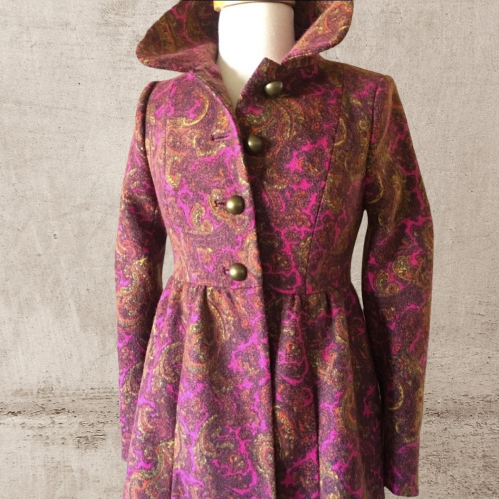 Tracy Reese Fuchsia Paisley Wool Princess Swing Coat Peacoat - Anthropologie VTG